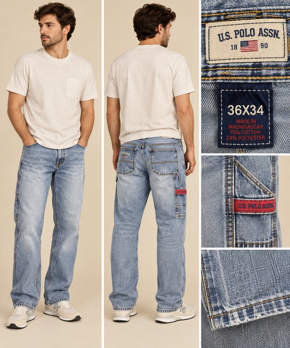 U.S. Polo Assn Mens 36x34 Y2K Cargo Carpenter Jeans Light Wash Baggy Denim